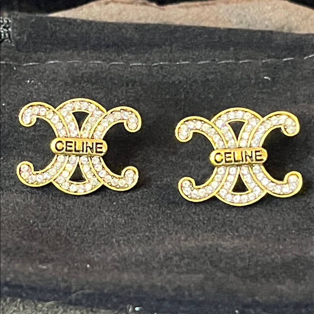 Vintage Gold Tone Crystal Celine Earrings - Picture 3 of 7